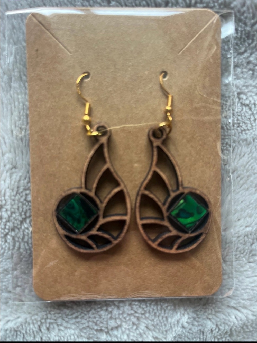 Koa Abalone Teardrop Earrings with Green Accent